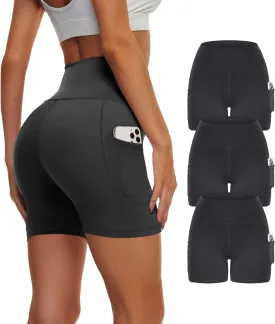 3 Pack Biker Yoga Shorts with Pockets for Women, High Waist Tummy Control Workout Running Gym