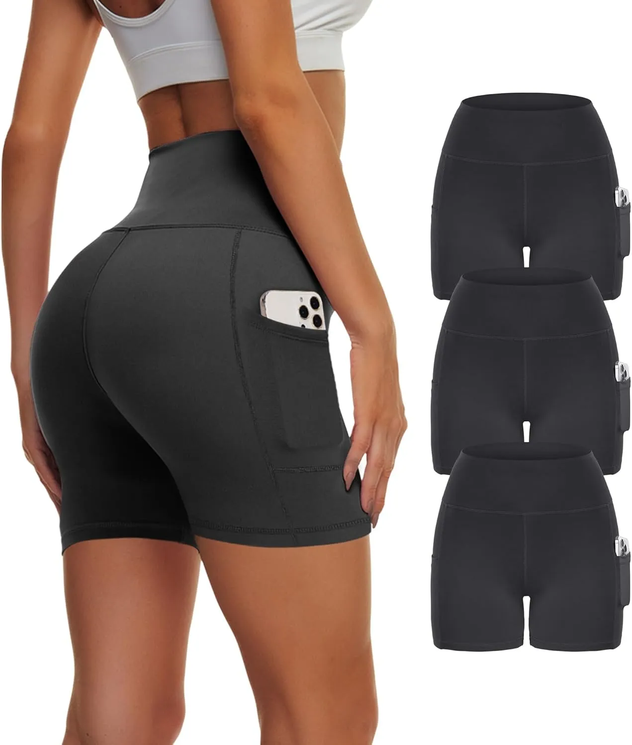 3 Pack Biker Yoga Shorts with Pockets for Women, High Waist Tummy Control Workout Running Gym
