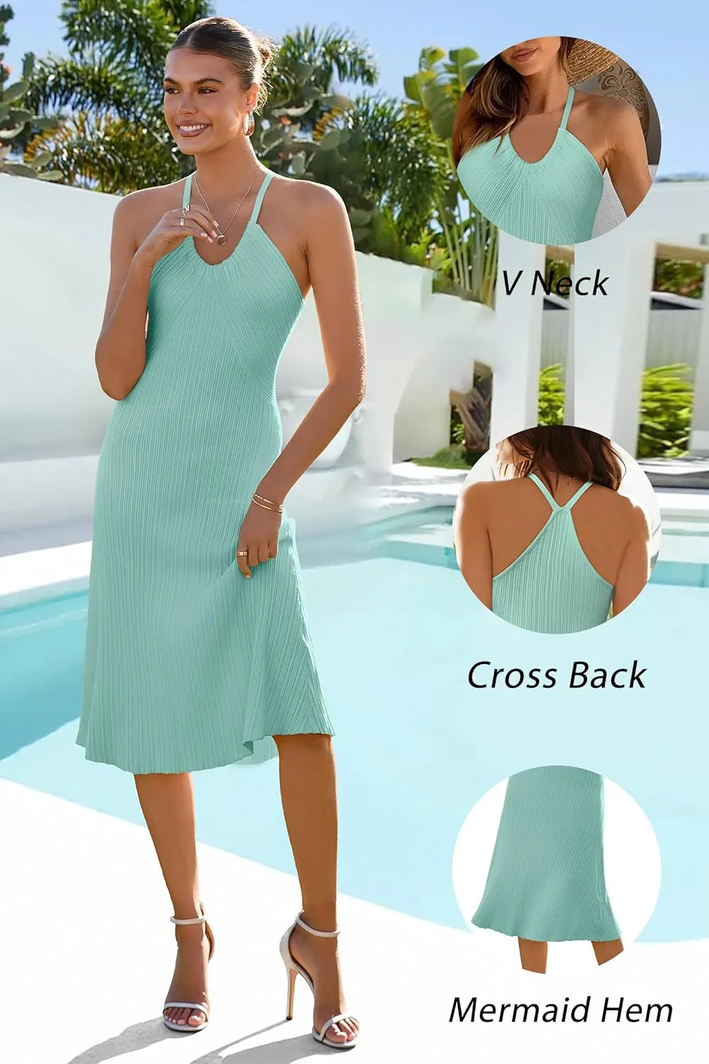 Arach&Cloz Women's Knit Adjustable Halter V Neck Summer Vacation Dress 2025