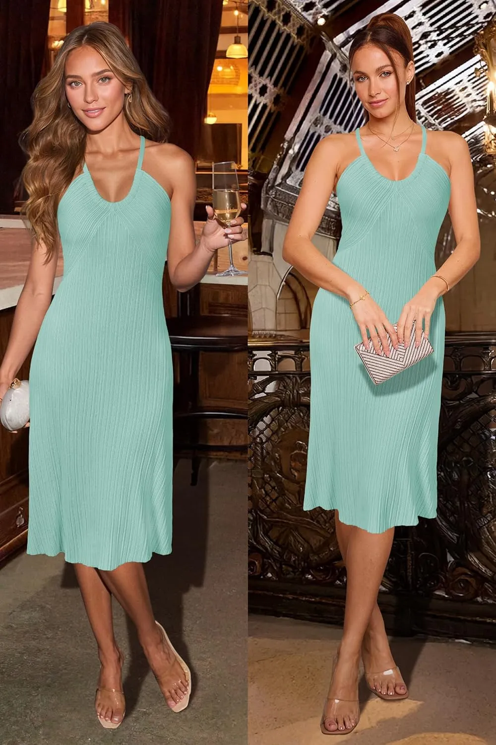 Arach&Cloz Women's Knit Adjustable Halter V Neck Summer Vacation Dress 2025