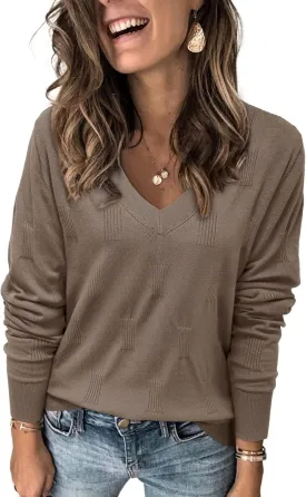 Arach&Cloz Women's Soft V Neck Long Sleeve Casual Loose Fit Sweater Tops
