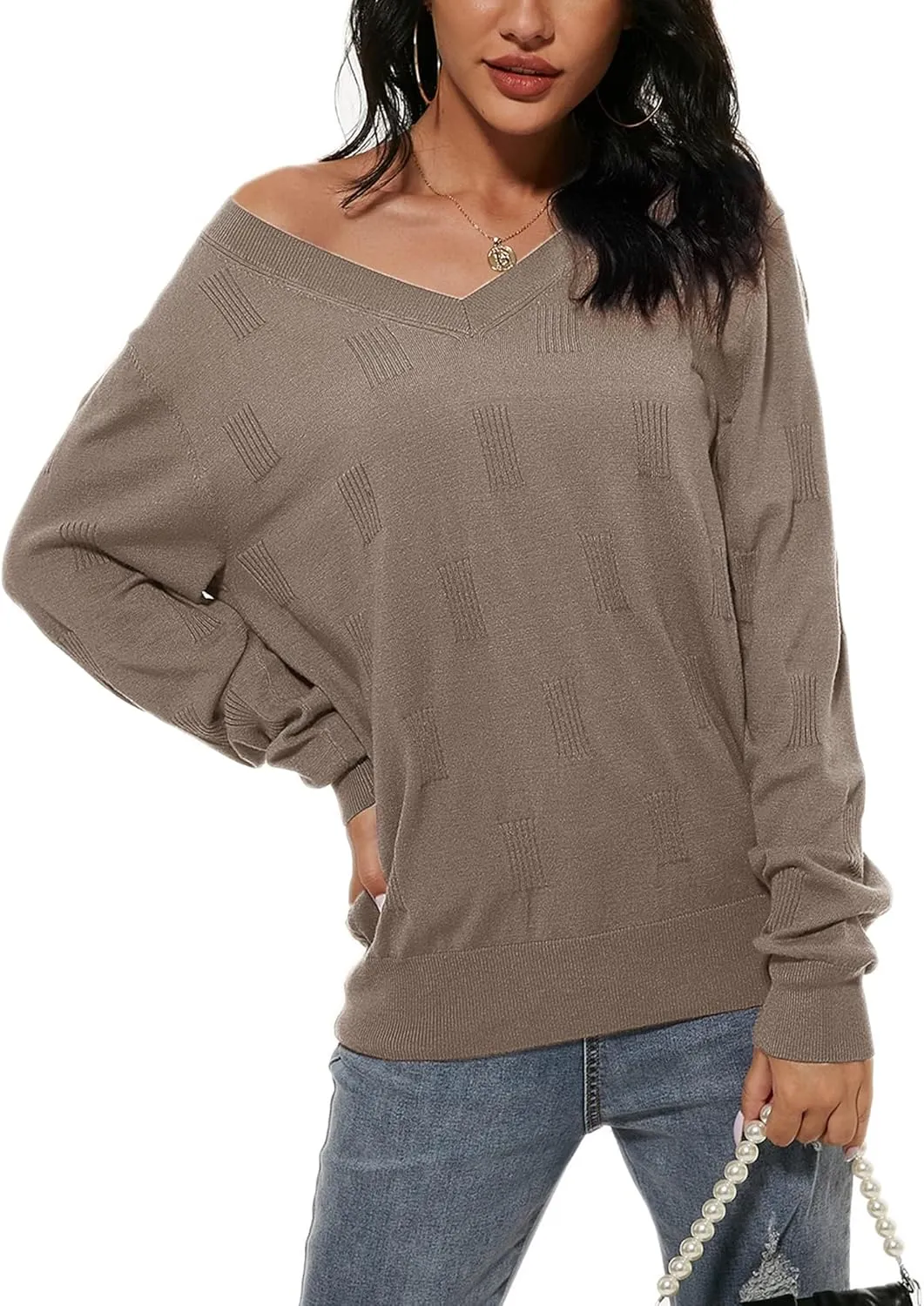 Arach&Cloz Women's Soft V Neck Long Sleeve Casual Loose Fit Sweater Tops