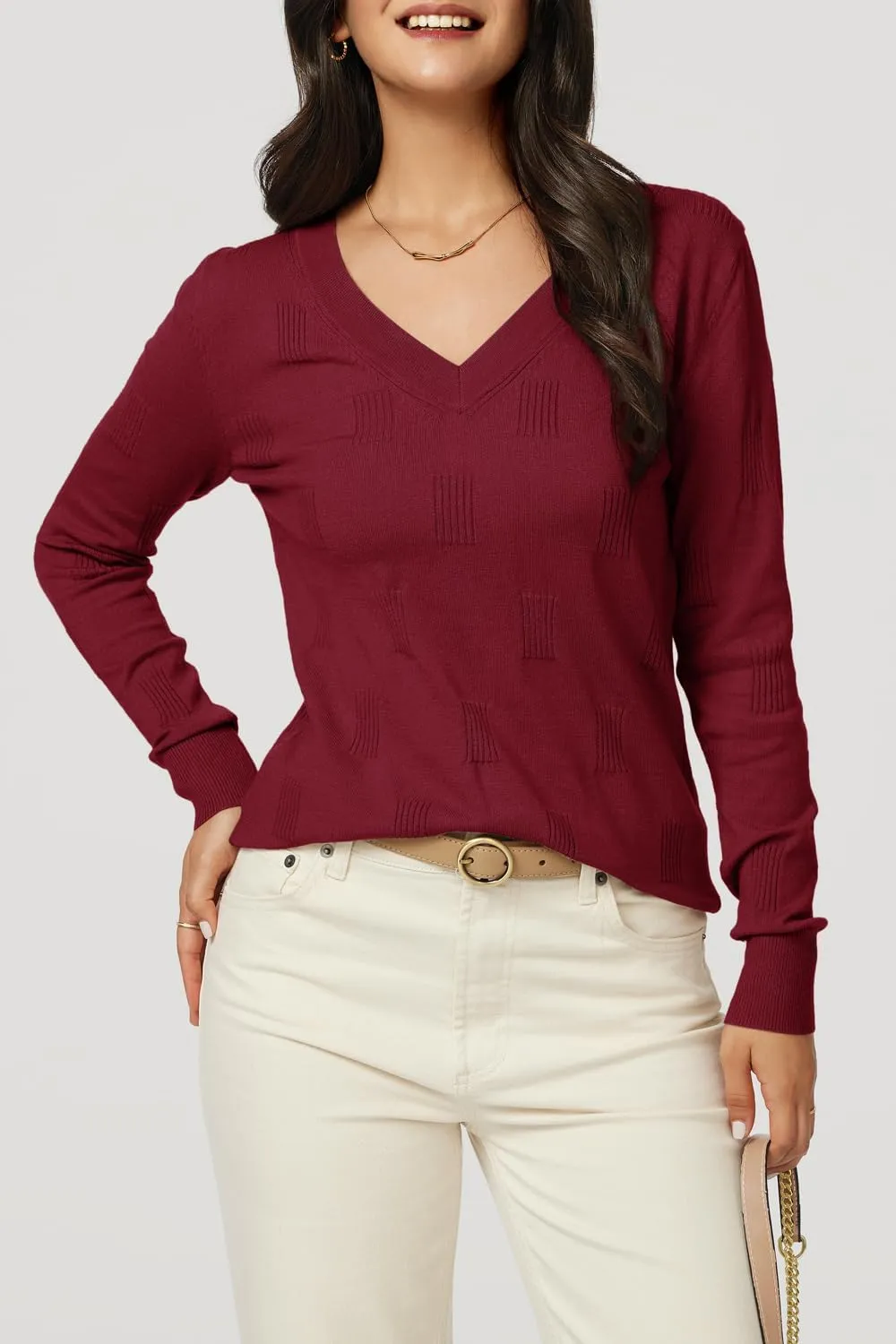 Arach&Cloz Women's Soft V Neck Long Sleeve Casual Loose Fit Sweater Tops