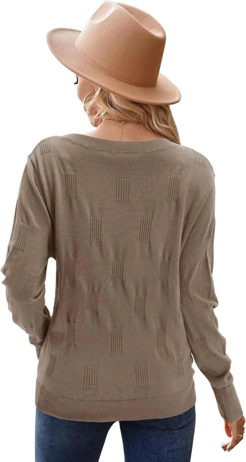 Arach&Cloz Women's Soft V Neck Long Sleeve Casual Loose Fit Sweater Tops