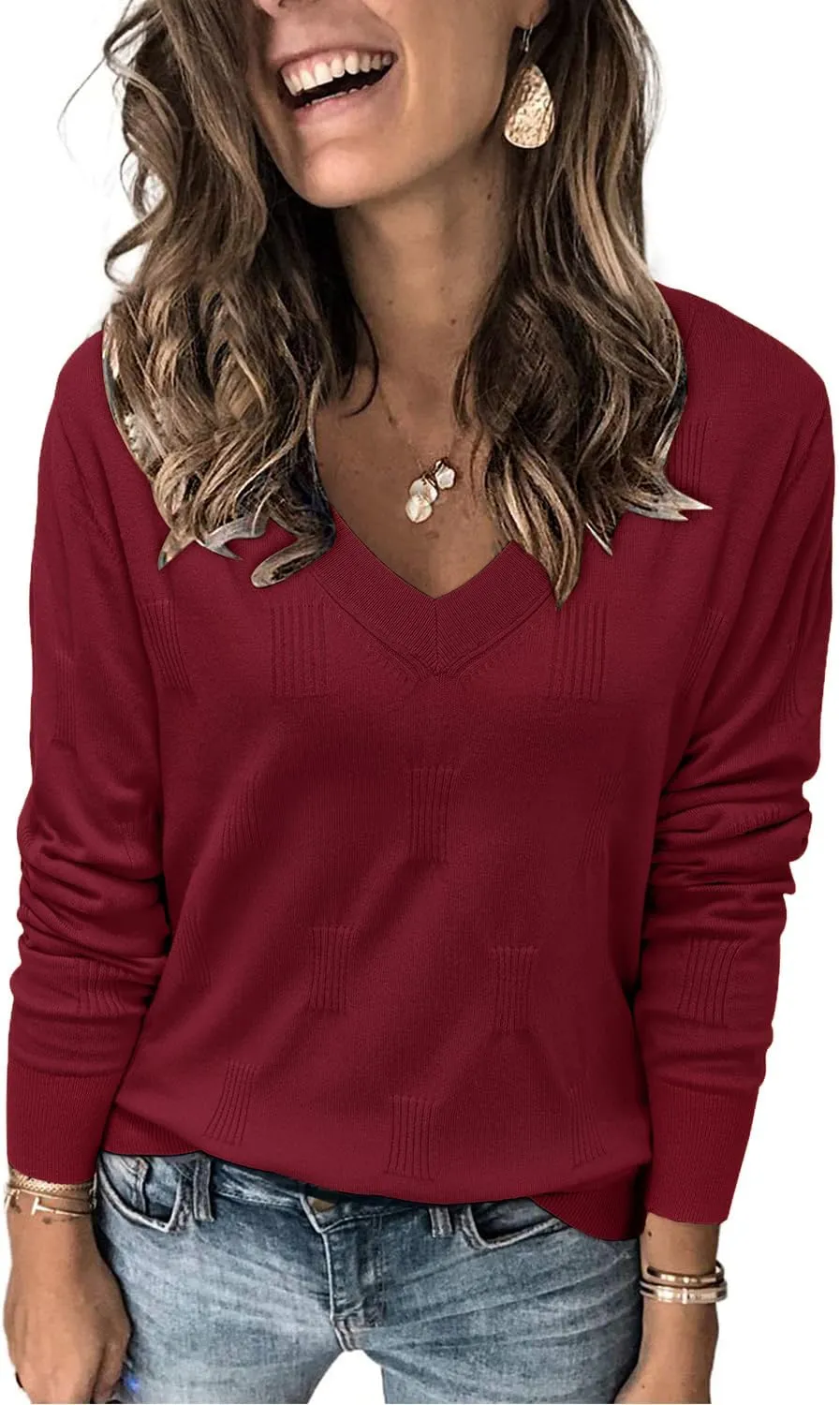 Arach&Cloz Women's Soft V Neck Long Sleeve Casual Loose Fit Sweater Tops