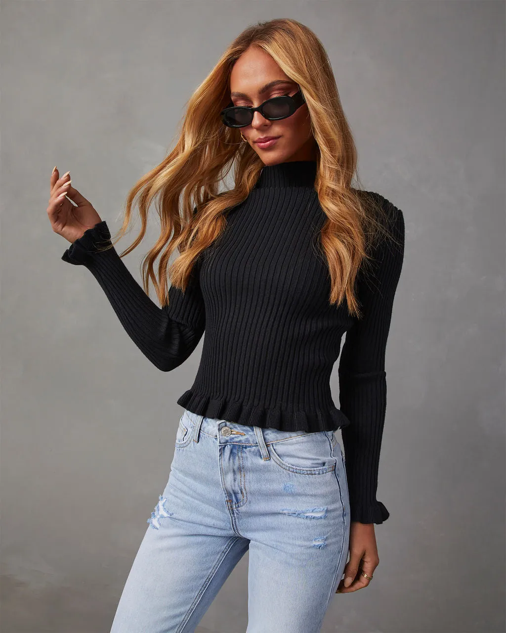 Bevelle Mock Neck Ruffle Hem Sweater