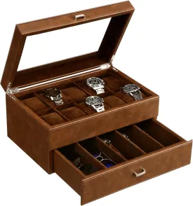 BEWISHOME Watch Box for Men Luxury Watch Case -10 Slots Watch Organizer with Drawer for Sunglass and Watch Storage, Large Glass Top, Faux Leather,Brown SSH34Z