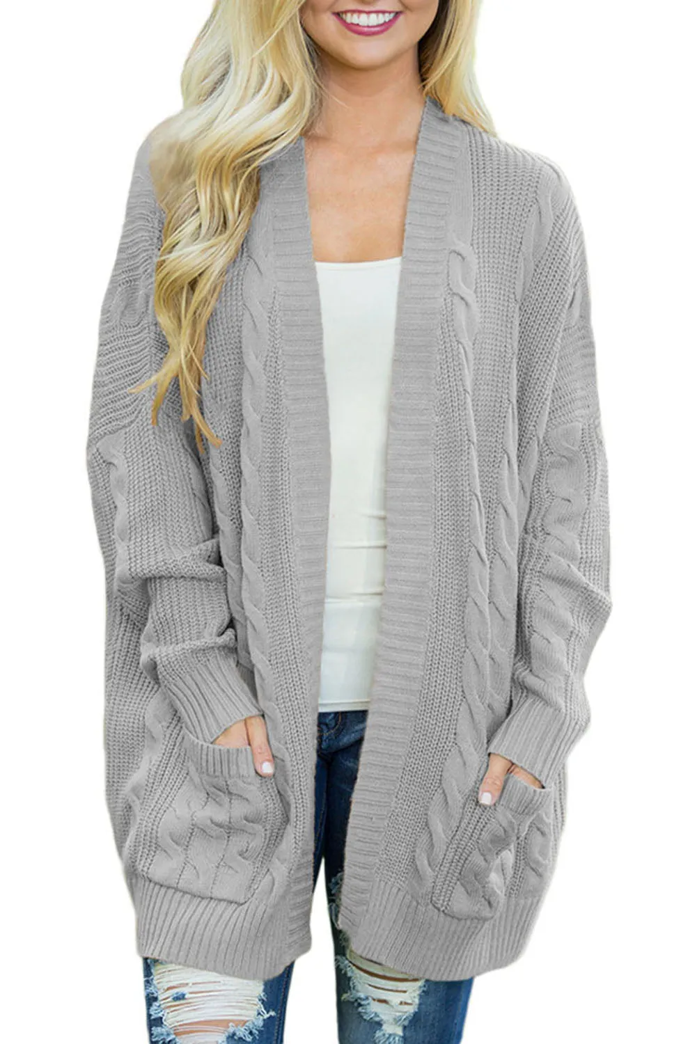 Cable Knit Pocketed Long Cardigan