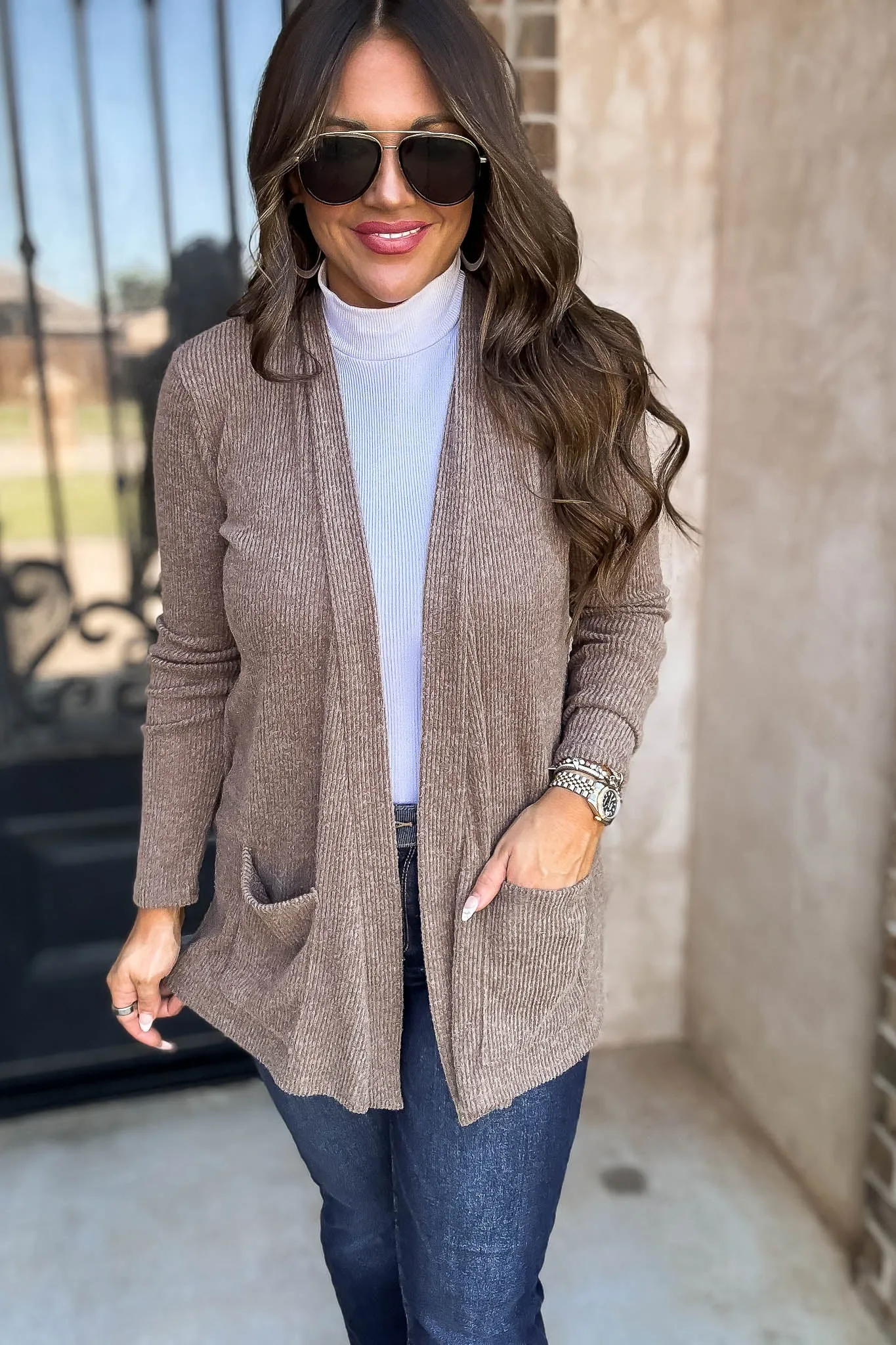 Calm And Cozy Heather Mocha Ribbed Sweater Open Front Cardigan