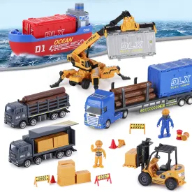 Cargo Transport Truck Toys Set, Kids Harbour Ship Construction Vehicles Play Site