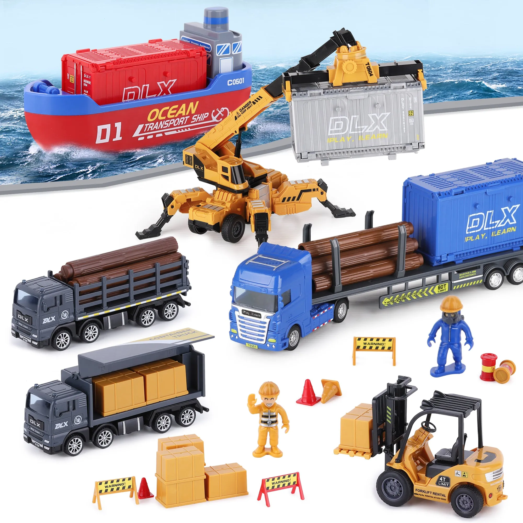 Cargo Transport Truck Toys Set, Kids Harbour Ship Construction Vehicles Play Site