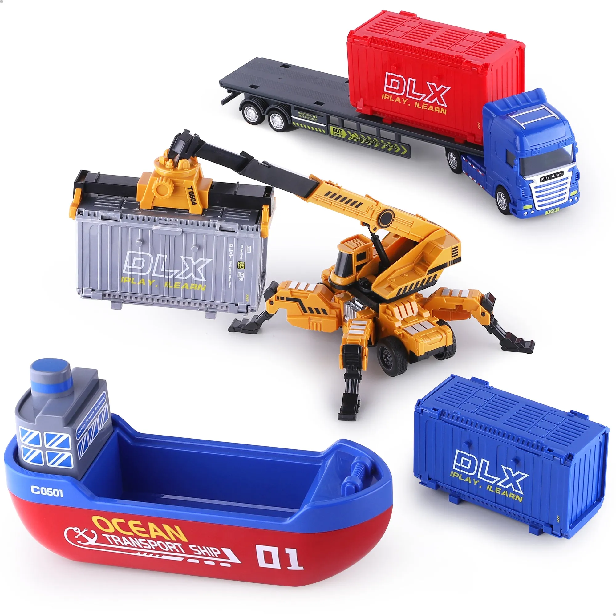 Cargo Transport Truck Toys Set, Kids Harbour Ship Construction Vehicles Play Site
