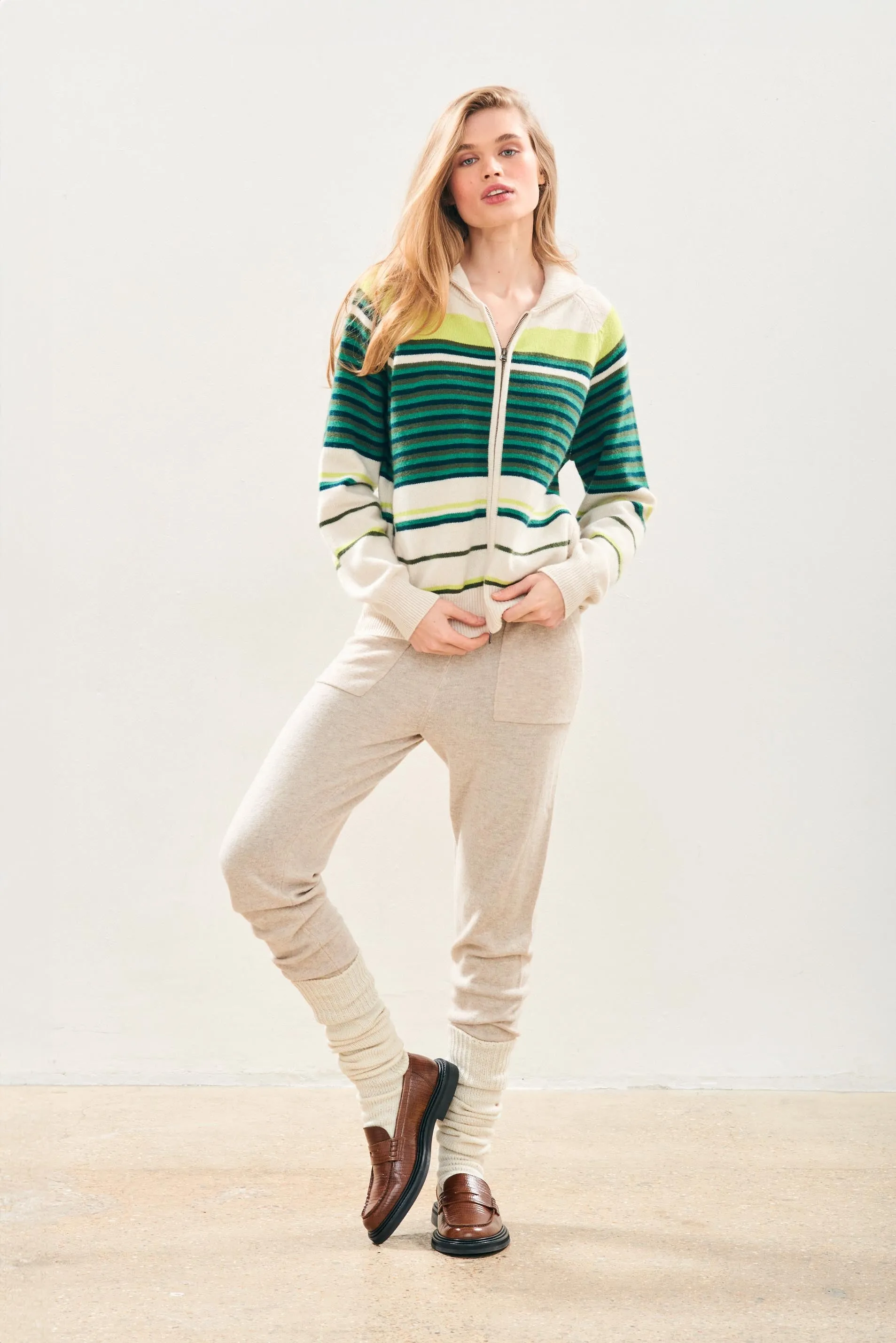 Cashmere Multi Stripe Zip Up Cardigan in Oatmeal