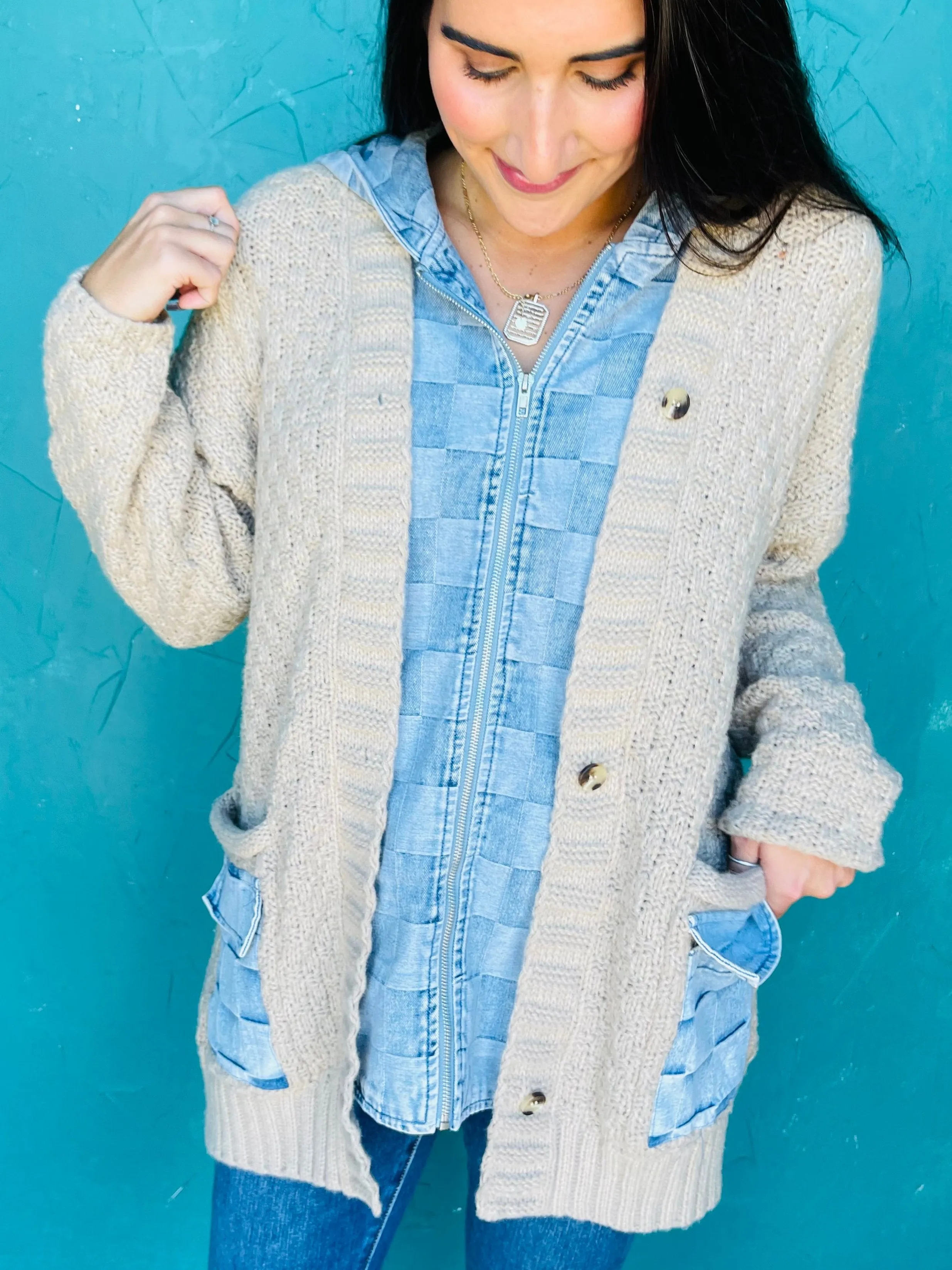 Checker Denim Zip Up Cardigan
