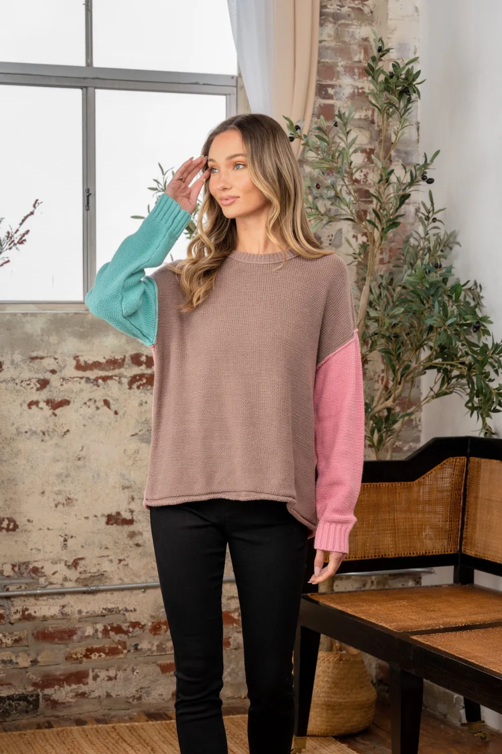 Color Block Drop Shoulder Sweater - Taupe/Pink