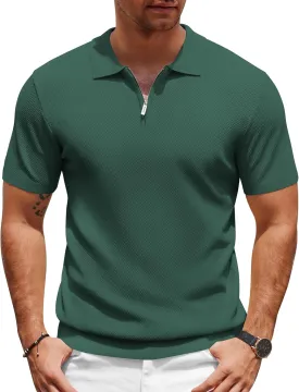 COOFANDY Mens Textured Knit Polo Shirts Zipper Polo Shirts Short Sleeve Casual Lightweight Golf Shirt