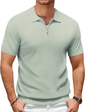 COOFANDY Mens Textured Knit Polo Shirts Zipper Polo Shirts Short Sleeve Casual Lightweight Golf Shirt