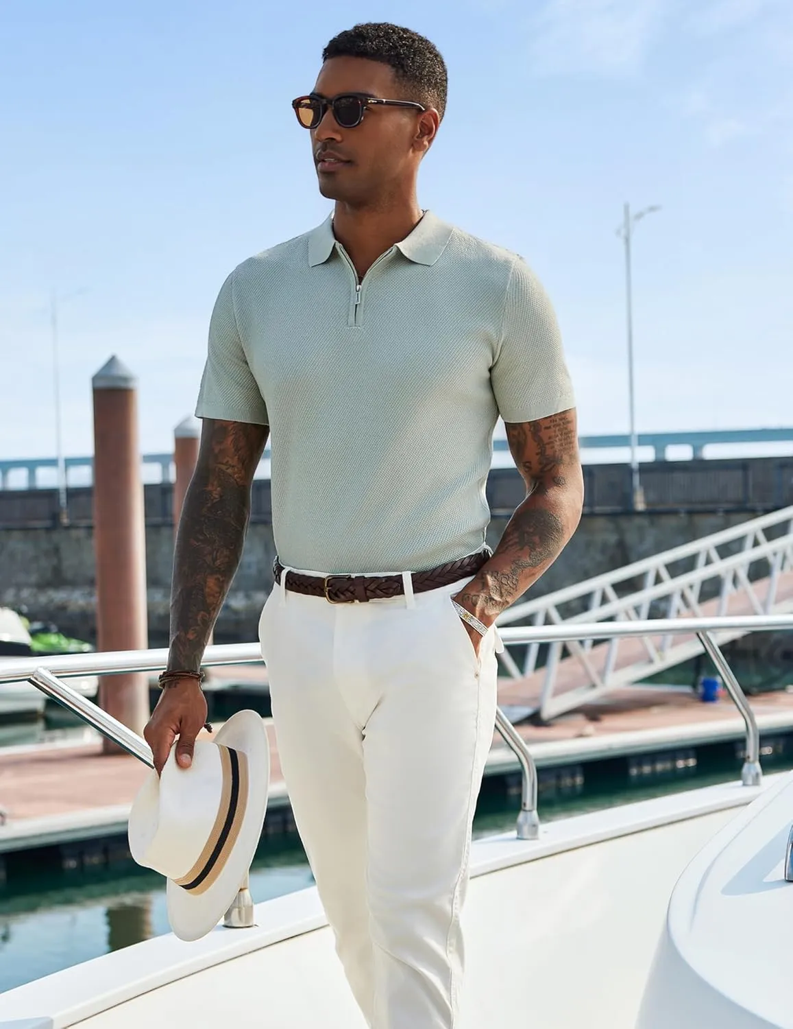 COOFANDY Mens Textured Knit Polo Shirts Zipper Polo Shirts Short Sleeve Casual Lightweight Golf Shirt