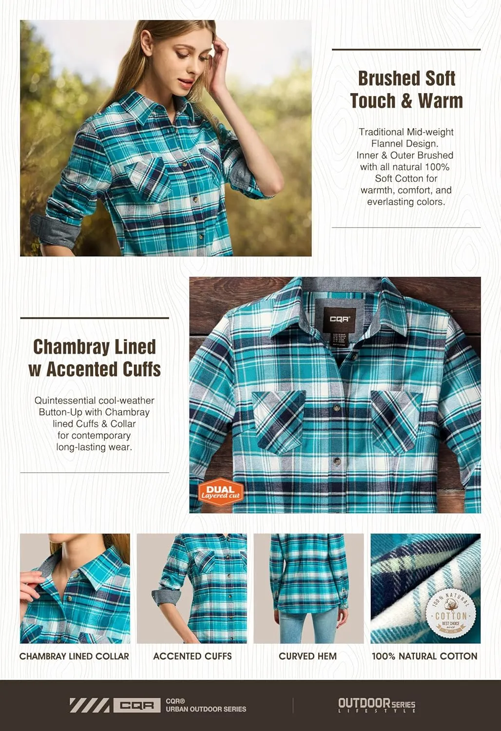 CQR Women's Plaid Flannel Shirt Long Sleeve, All-Cotton Soft Brushed Casual Button Down Shirts