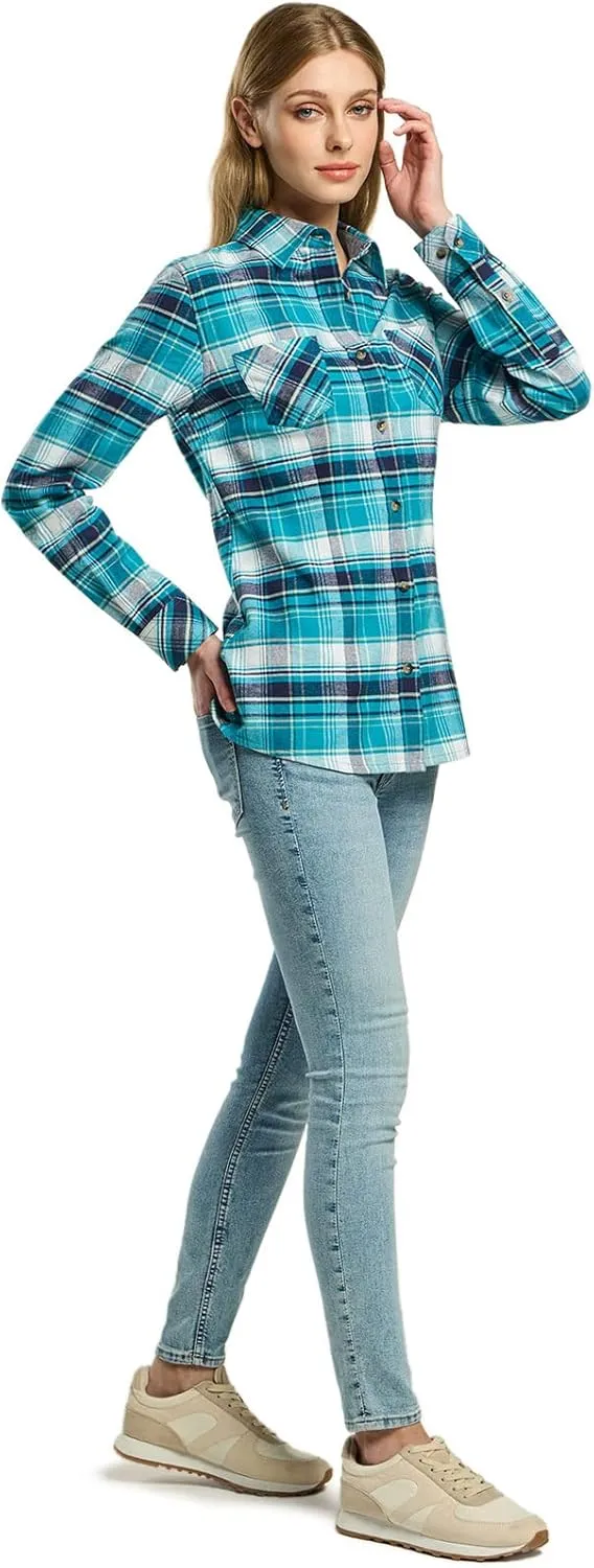 CQR Women's Plaid Flannel Shirt Long Sleeve, All-Cotton Soft Brushed Casual Button Down Shirts