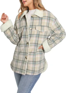 Dokotoo Winter Coats for Women Button Down Plaid Flannel Shirts Warm Sherpa Fleece Jacket