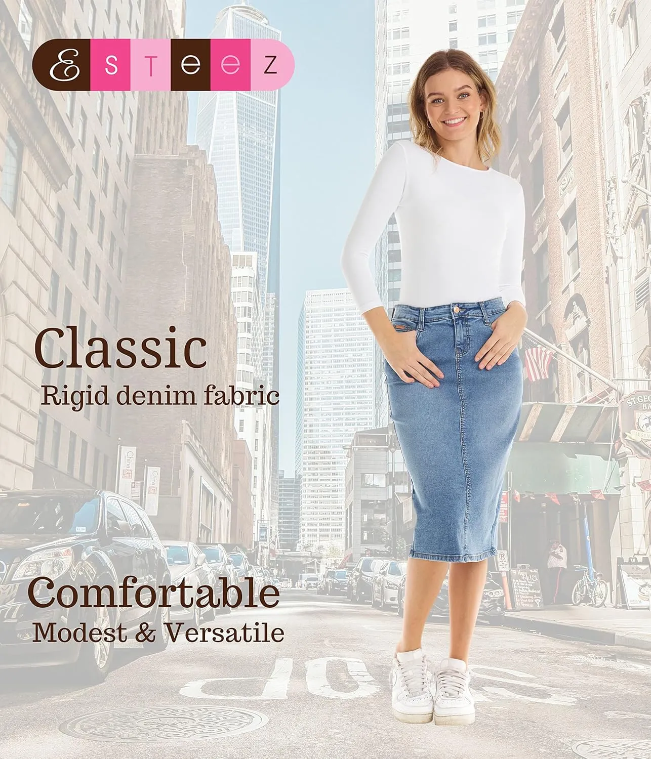 ESTEEZ Midi Length Pencil Stretch Denim Jean Skirt with Pockets for Women - Milan