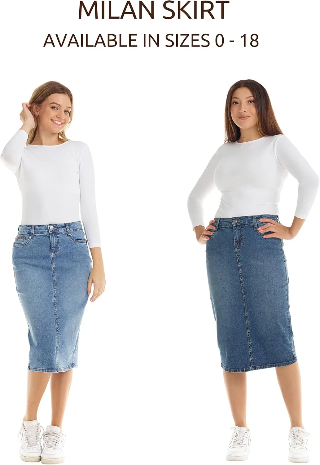 ESTEEZ Midi Length Pencil Stretch Denim Jean Skirt with Pockets for Women - Milan