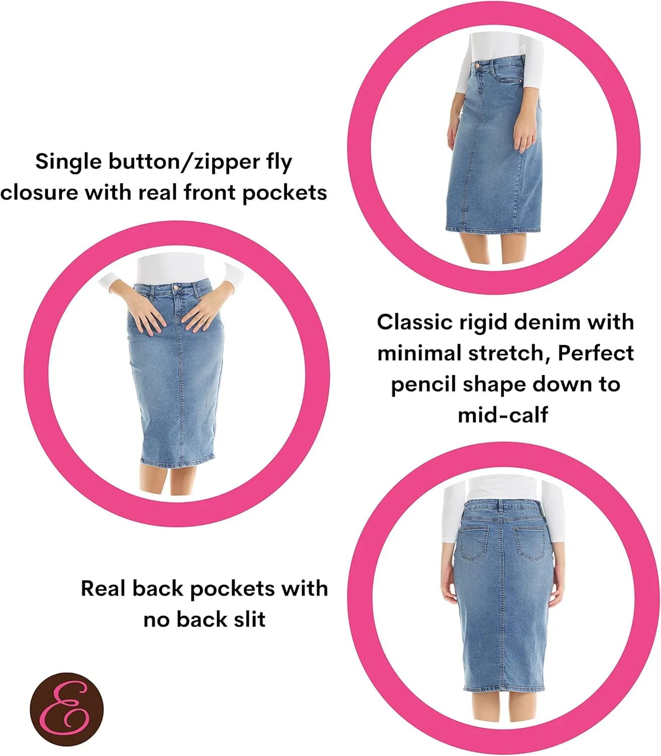 ESTEEZ Midi Length Pencil Stretch Denim Jean Skirt with Pockets for Women - Milan