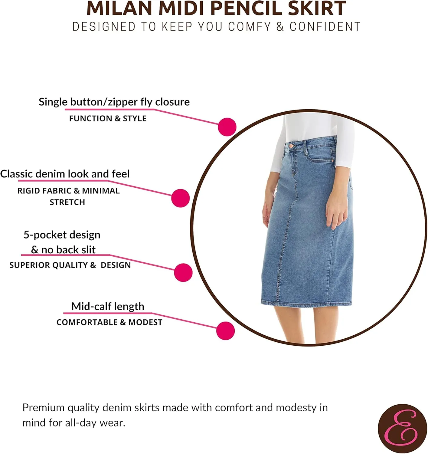 ESTEEZ Midi Length Pencil Stretch Denim Jean Skirt with Pockets for Women - Milan