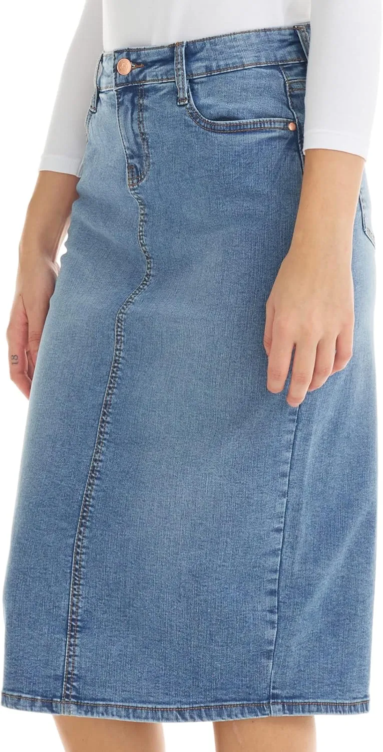 ESTEEZ Midi Length Pencil Stretch Denim Jean Skirt with Pockets for Women - Milan