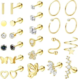 FIBO STEEL 26Pcs Surgical Steel Flat Back Earrings for Women Multipack Cartilage Earring Studs Hoops CZ Heart Butterfly Helix Piercing Jewelry Flat Back Design 16G-20G