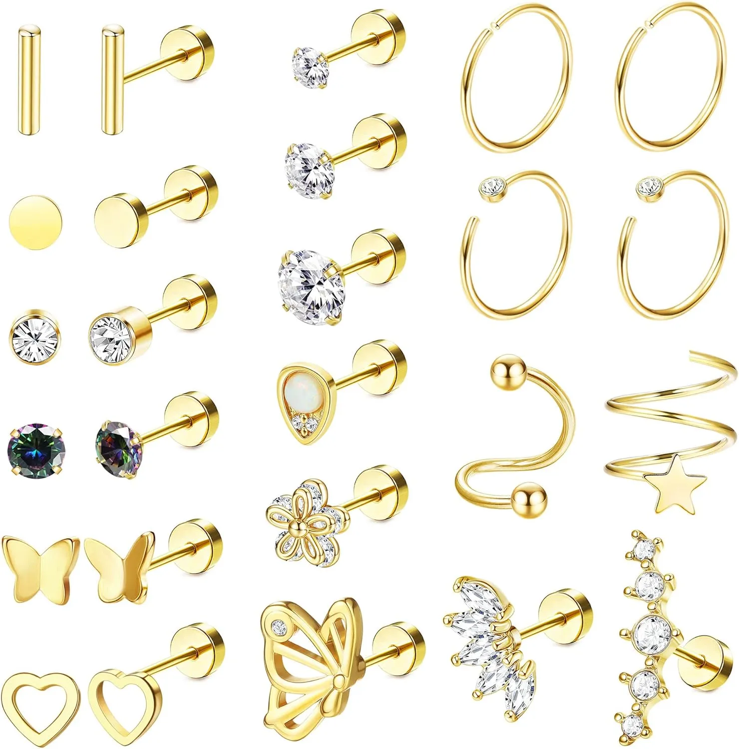 FIBO STEEL 26Pcs Surgical Steel Flat Back Earrings for Women Multipack Cartilage Earring Studs Hoops CZ Heart Butterfly Helix Piercing Jewelry Flat Back Design 16G-20G