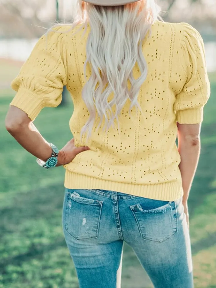 Foshow Womens Puff Short Sleeve Sweater Tops Summer Lightweight Loose Knit Pullover Shirts Blouses