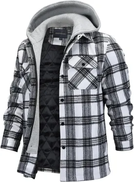 FTIMILD Men's Plaid Shirts Jacket Quilted Lined Flannel Shirts Sherpa Button Down Jackets with Hood for Men
