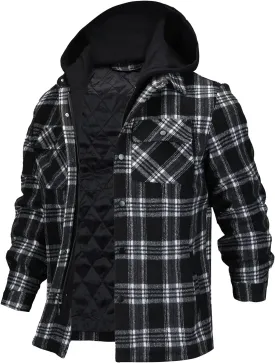 FTIMILD Men's Plaid Shirts Jacket Quilted Lined Flannel Shirts Sherpa Button Down Jackets with Hood for Men