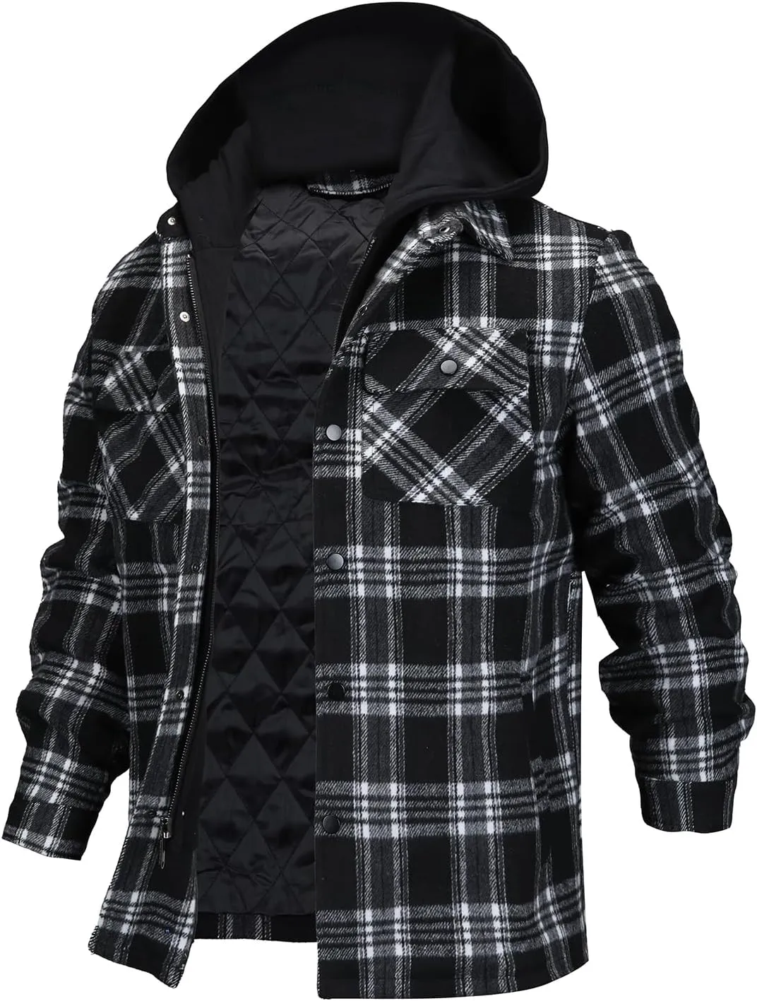 FTIMILD Men's Plaid Shirts Jacket Quilted Lined Flannel Shirts Sherpa Button Down Jackets with Hood for Men