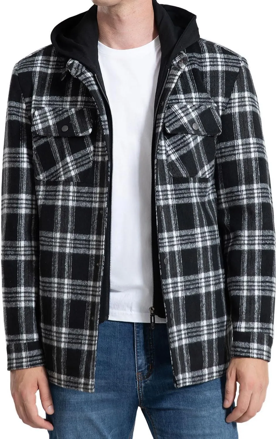 FTIMILD Men's Plaid Shirts Jacket Quilted Lined Flannel Shirts Sherpa Button Down Jackets with Hood for Men