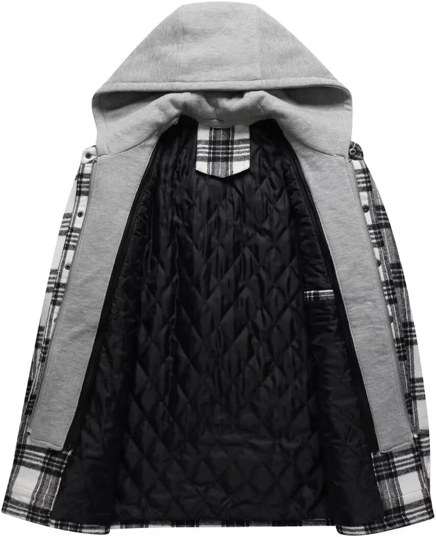 FTIMILD Men's Plaid Shirts Jacket Quilted Lined Flannel Shirts Sherpa Button Down Jackets with Hood for Men