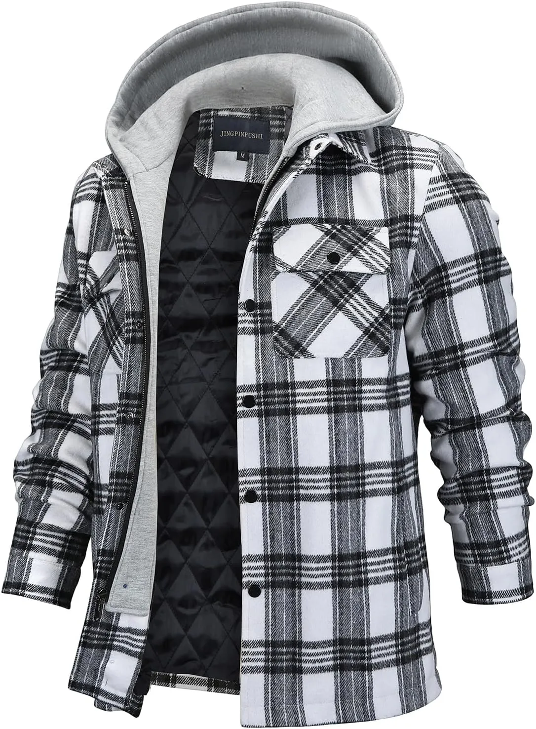 FTIMILD Men's Plaid Shirts Jacket Quilted Lined Flannel Shirts Sherpa Button Down Jackets with Hood for Men