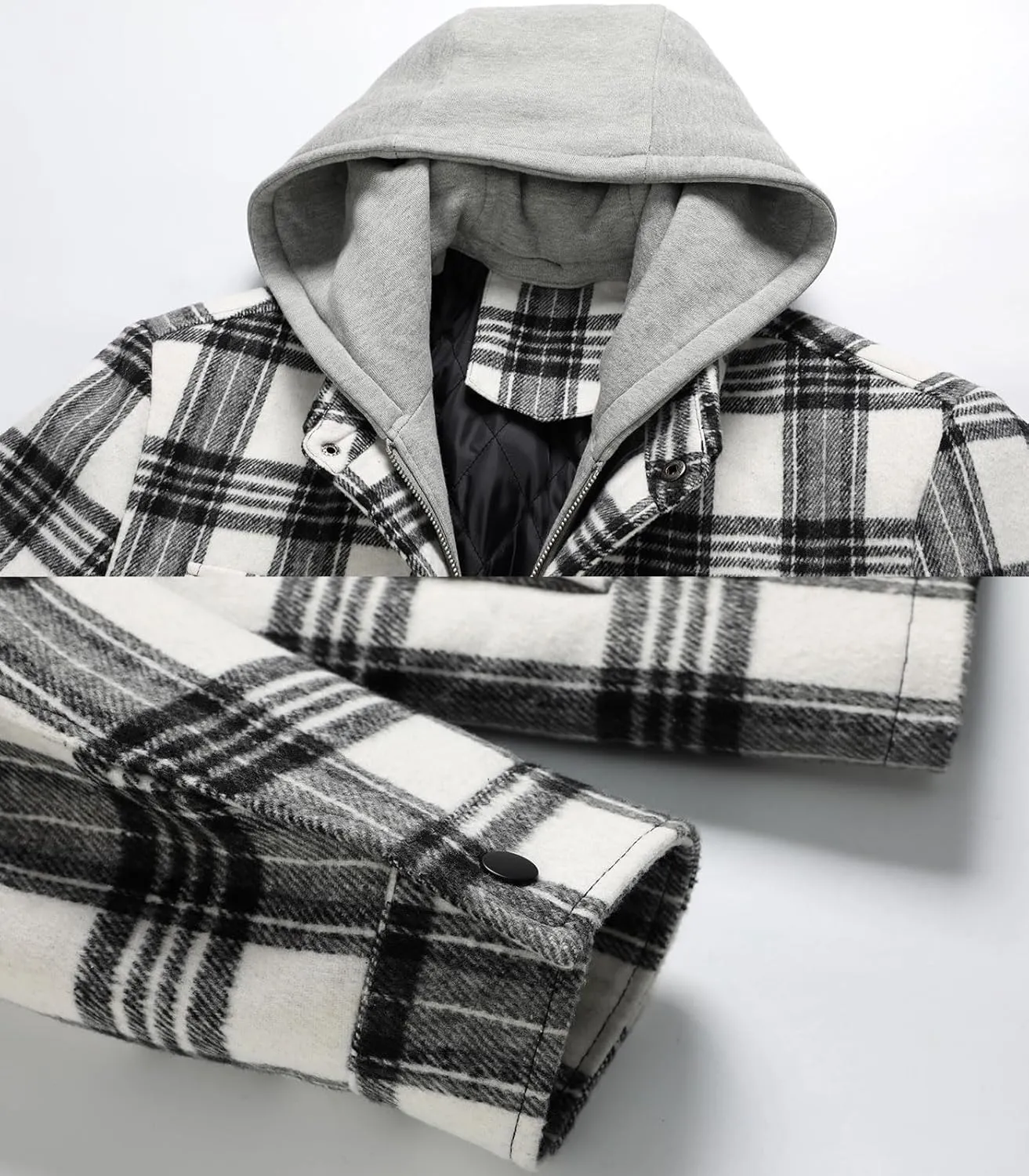 FTIMILD Men's Plaid Shirts Jacket Quilted Lined Flannel Shirts Sherpa Button Down Jackets with Hood for Men