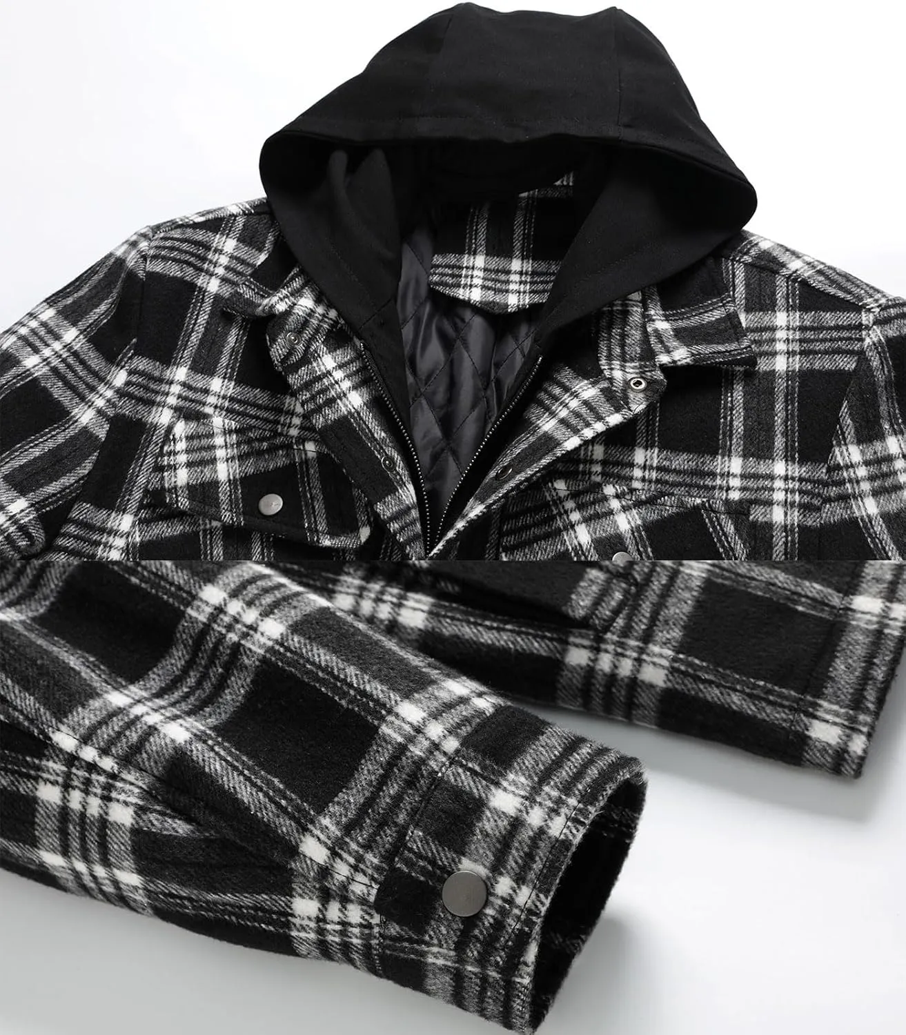 FTIMILD Men's Plaid Shirts Jacket Quilted Lined Flannel Shirts Sherpa Button Down Jackets with Hood for Men
