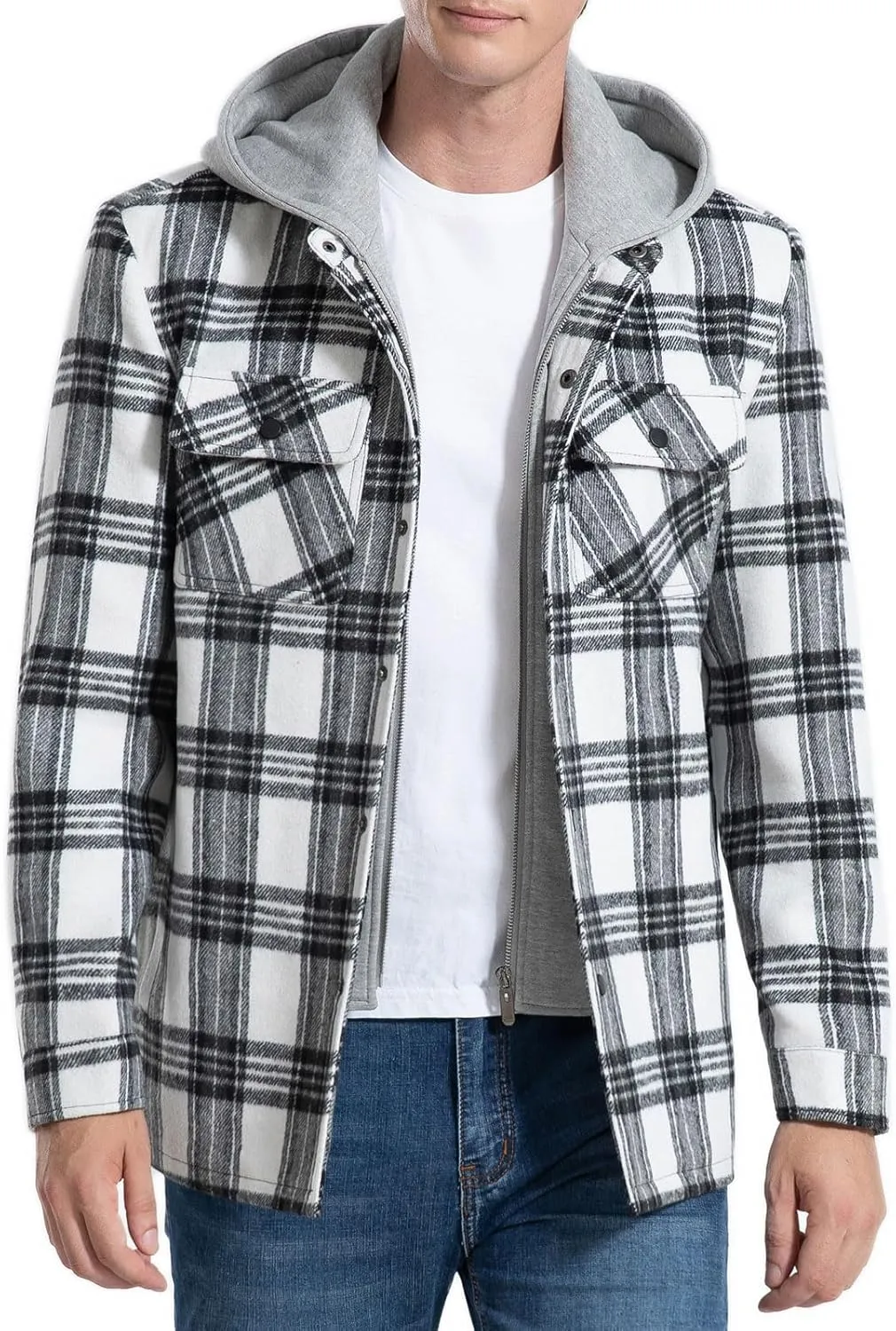 FTIMILD Men's Plaid Shirts Jacket Quilted Lined Flannel Shirts Sherpa Button Down Jackets with Hood for Men