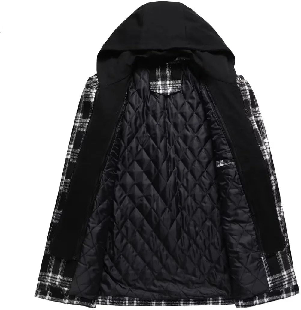 FTIMILD Men's Plaid Shirts Jacket Quilted Lined Flannel Shirts Sherpa Button Down Jackets with Hood for Men