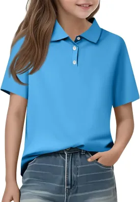 Girls' School Uniform Short Sleeve Polo Shirt Button Closure Shirts