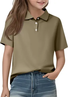 Girls' School Uniform Short Sleeve Polo Shirt Button Closure Shirts