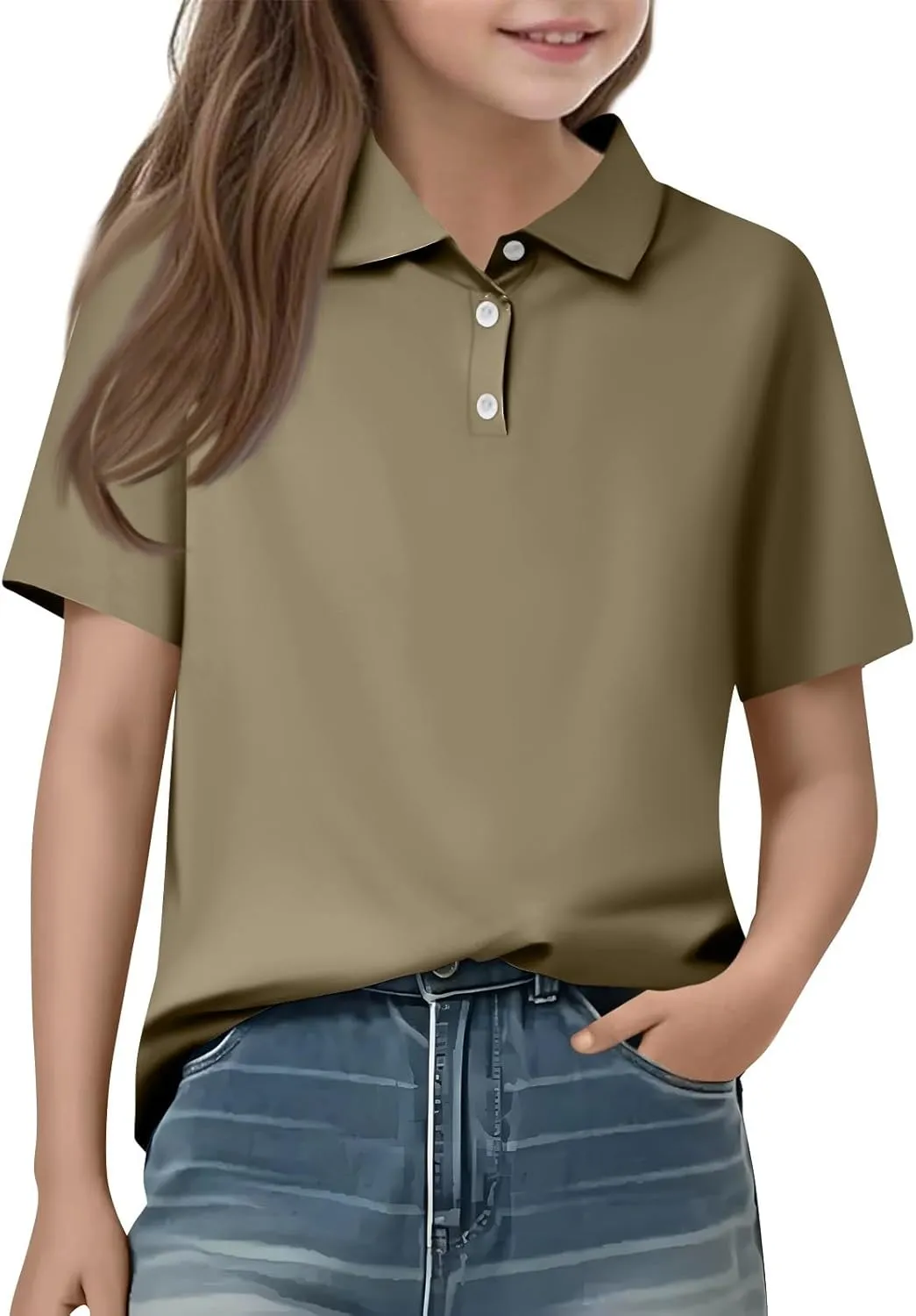 Girls' School Uniform Short Sleeve Polo Shirt Button Closure Shirts