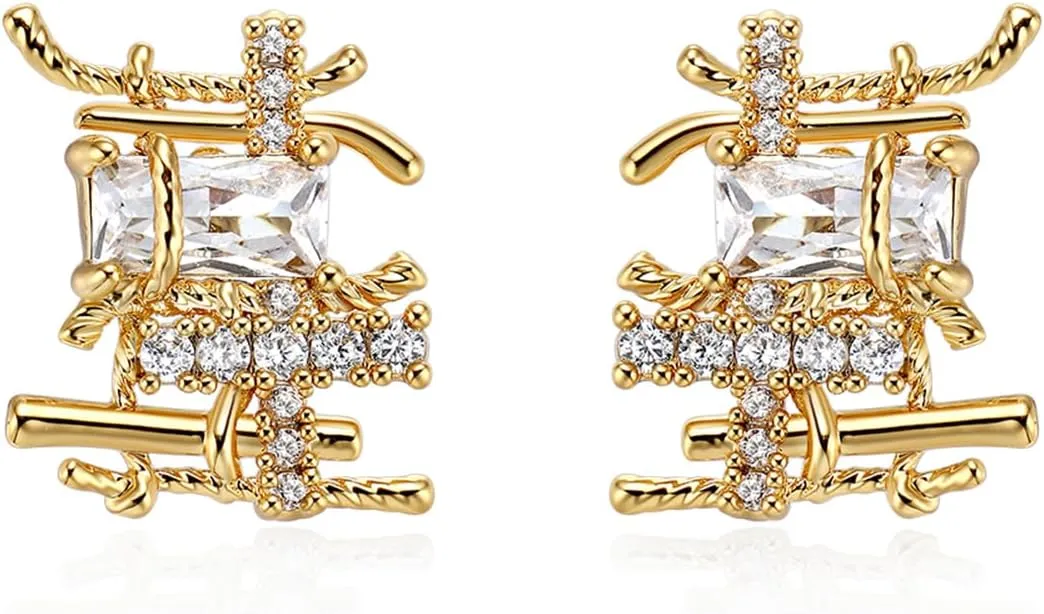 Gold Braided Stud Earrings, 14K Gold Mini Braided Earrings for Women with Cubic Zirconia, Unique Design Small Braided Stud, Dainty Tiny Cute Gold Earrings for Mom Gift