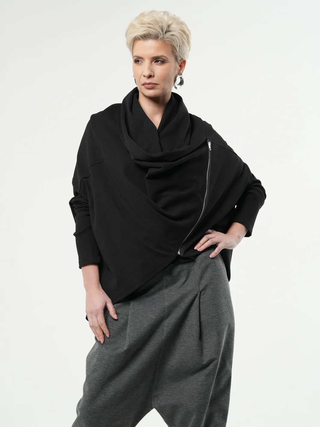 Grey Loose Cardigan With Side Zipper