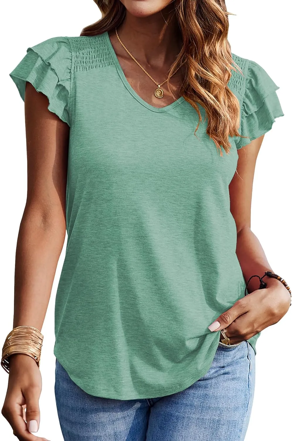 Hount Womens V Neck Ruffle Short Sleeve Tops Casual Ribbed Cute T Shirts Loose Fit Summer Shirts Blouses