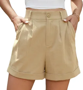 Jouica Womens Summer High Waist Linen Shorts Roll Up Pleated Zippered Wrap Hem Wide Leg Shorts with Pockets